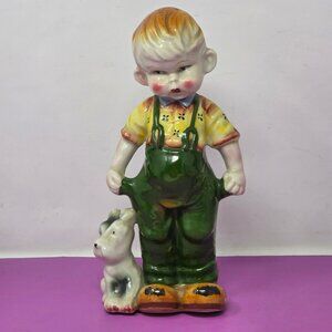 Vintage Ceramic Boy Figurine Dog Hand-Painted Overalls Yellow‎ Shirt Collectible
